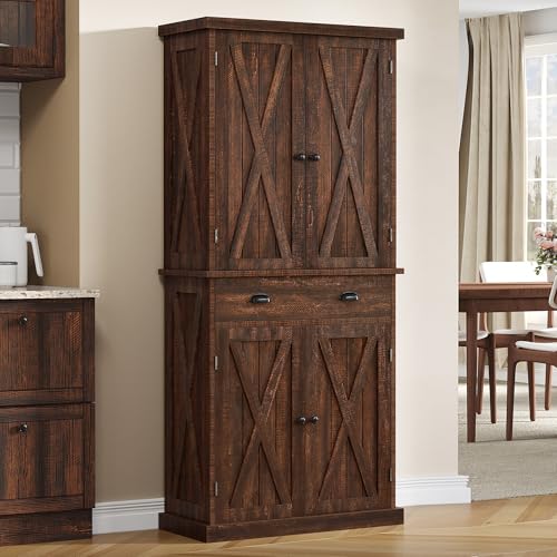 72'' Tall Kitchen Pantry Cabinets with Barn Doors, Drawer & Adjustable Shelves, Dark Rustic Wood Cupboard C962534