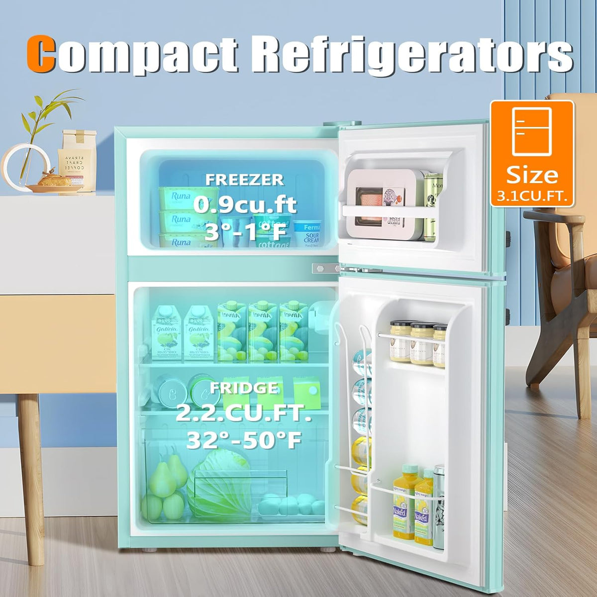 Compact Mini Refrigerator Separate Freezer, 3.2 cu ft. Green S910619