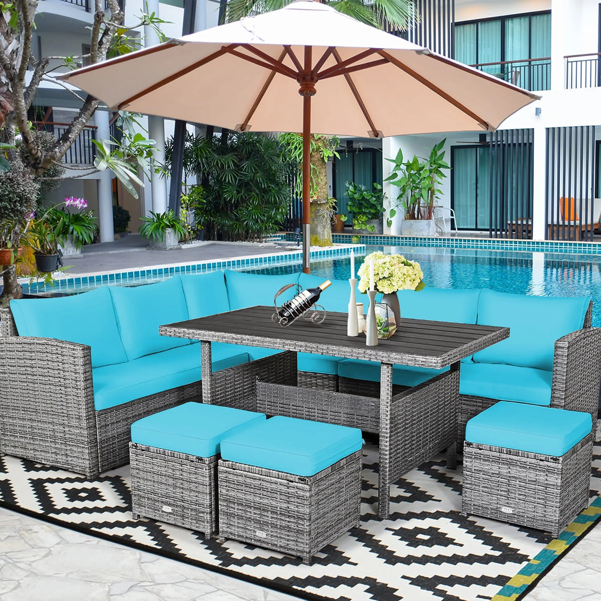 7 Pcs Patio Rattan Dining Set Sectional Sofa Couch Ottoman Black P250