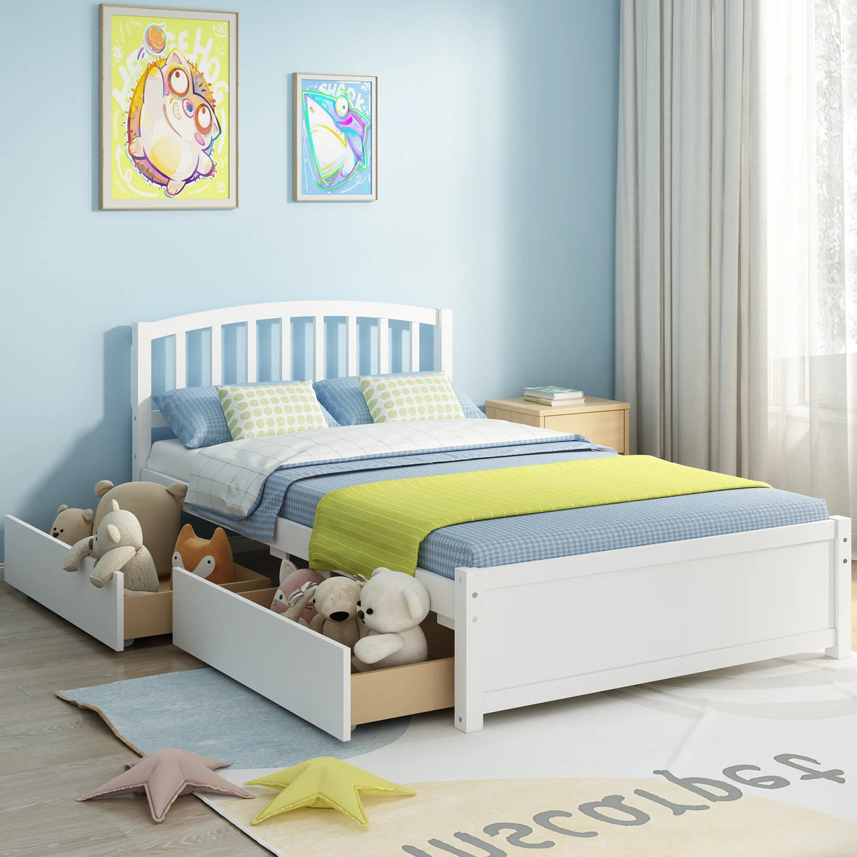 White Wood Twin Size Platform Bed with 2 Drawers Y2010