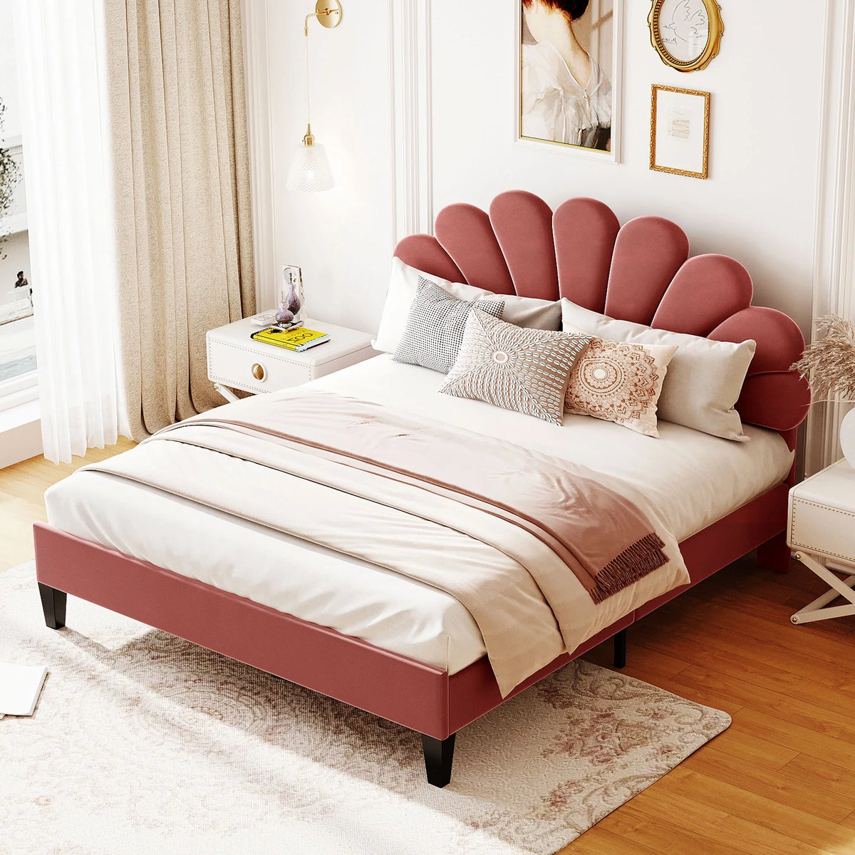 Queen Size Velvet Upholstered Platform Bed Frame with Flower Pattern Headboard F993900