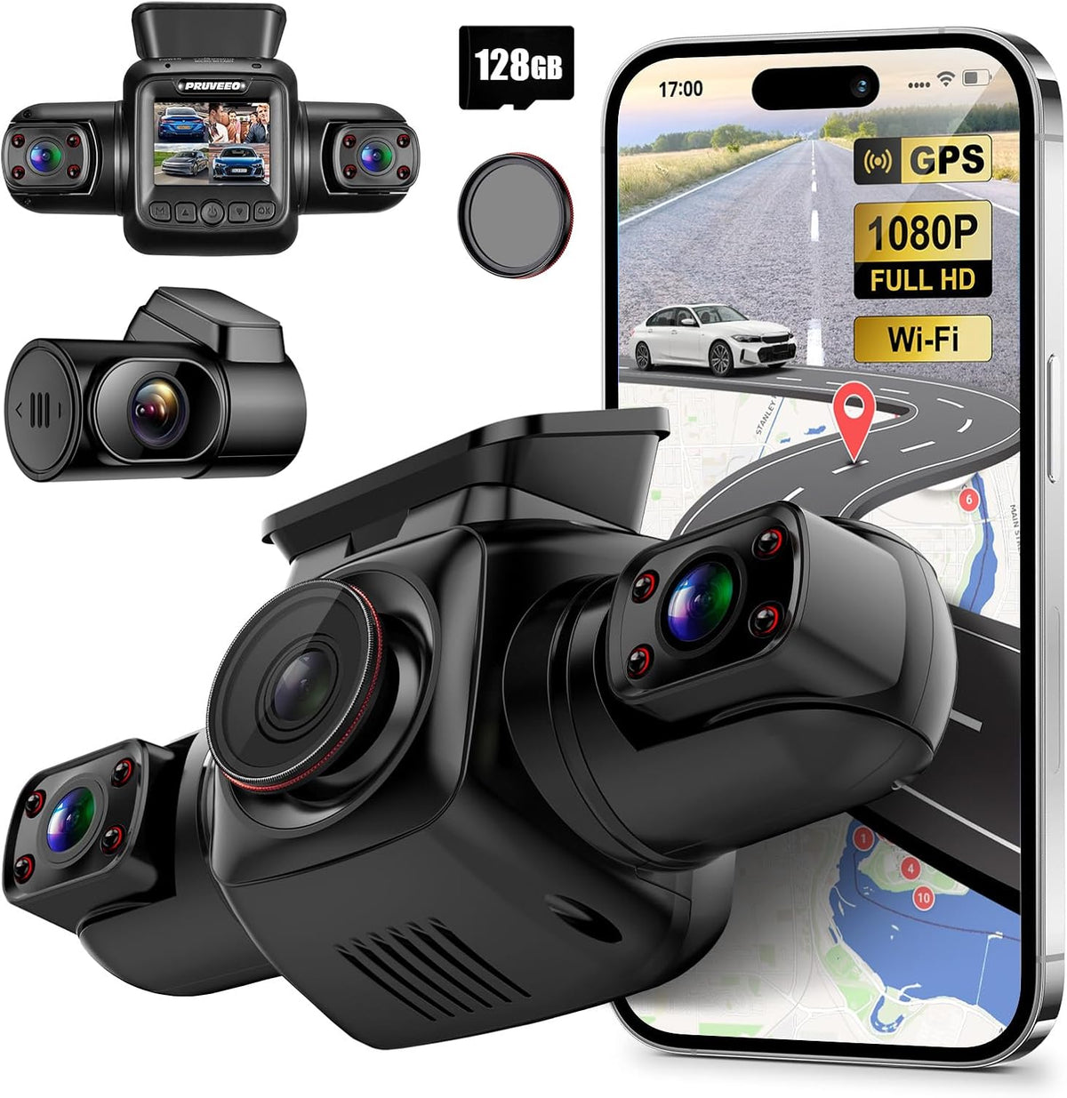 360 Degree View 4 Channel Dash Cam with CPL, Built-in GPS WiFi Night Vision, 128G Card G162890