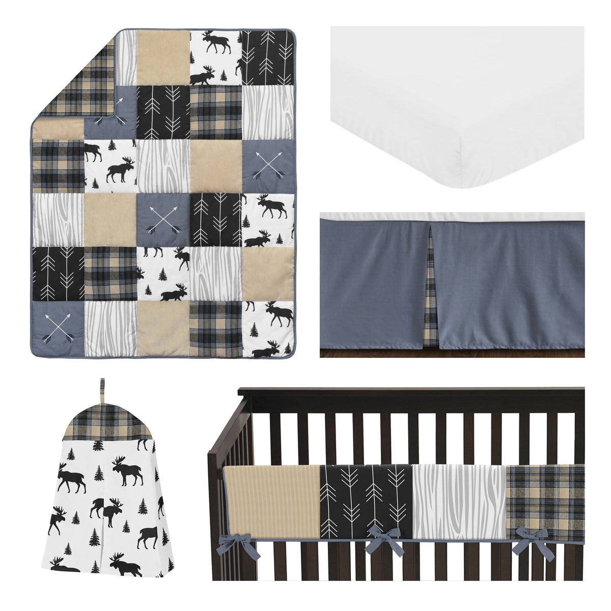 Blue and Tan 5 Piece Crib Bedding Set O8636