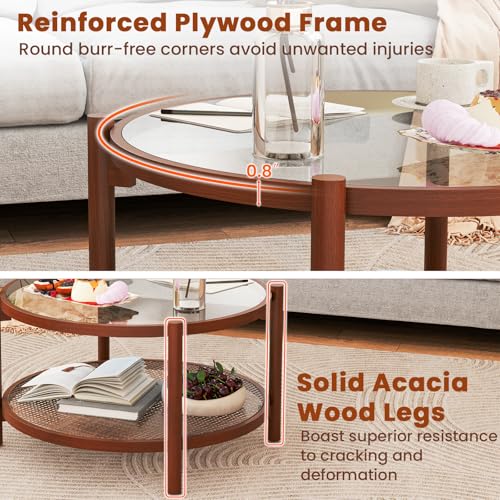 Rattan Round Glass Coffee Table with Storage Shelf G8817
