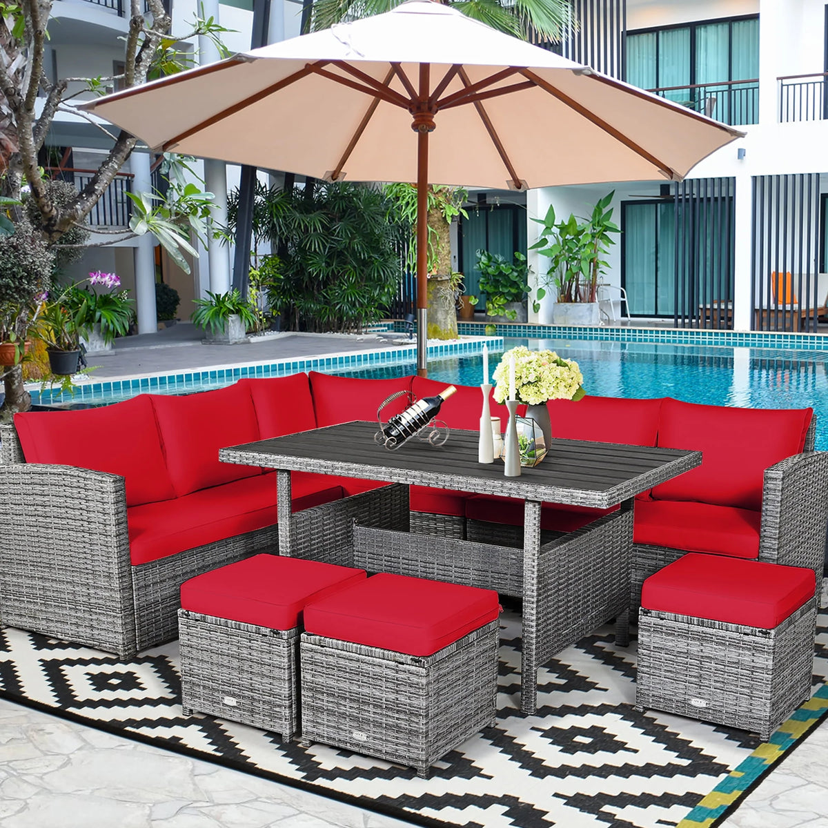 7 Pcs Patio Rattan Dining Set Sectional Sofa Couch Ottoman Black P250