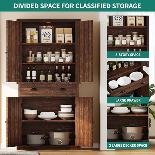 72'' Tall Kitchen Pantry Cabinets with Barn Doors, Drawer & Adjustable Shelves, Dark Rustic Wood Cupboard C962534