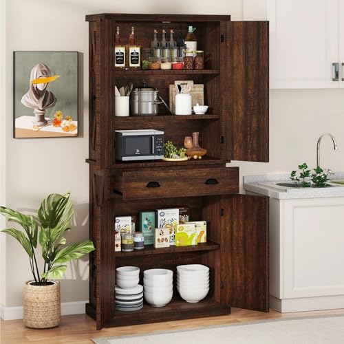 72'' Tall Kitchen Pantry Cabinets with Barn Doors, Drawer & Adjustable Shelves, Dark Rustic Wood Cupboard C962534