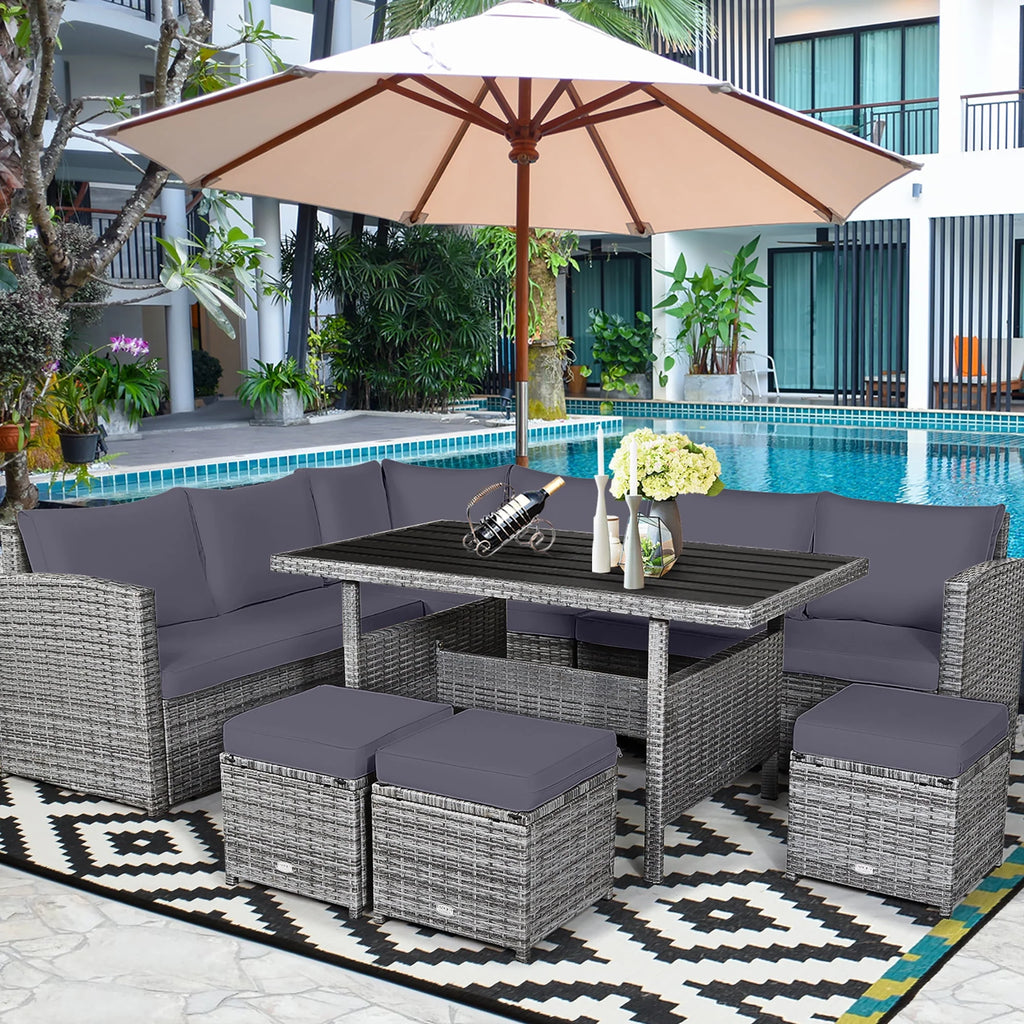 7 Pcs Patio Rattan Dining Set Sectional Sofa Couch Ottoman Black P250