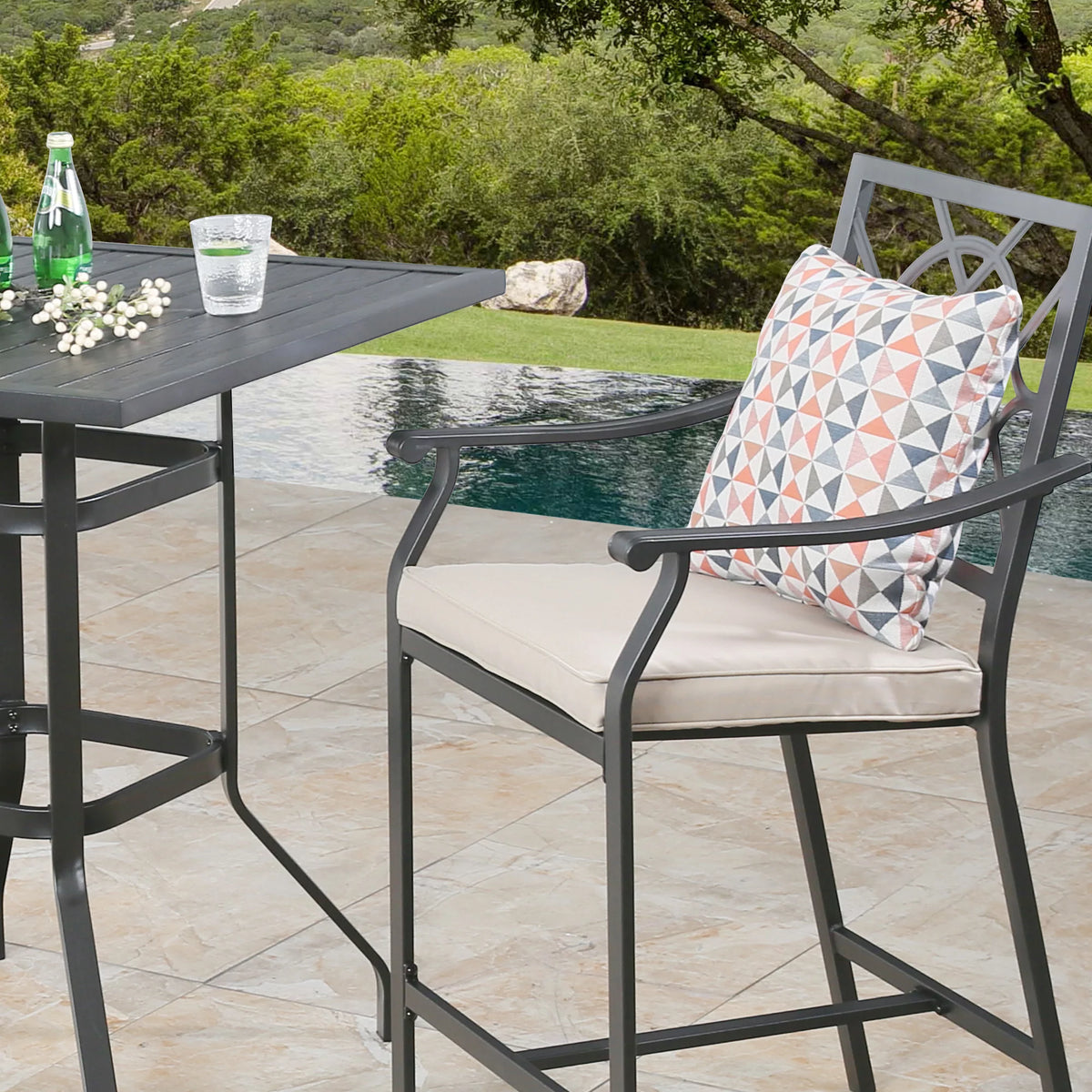 Metal Patio Counter Height Bar Stools with Beige Cushion, Set of 2 K8084
