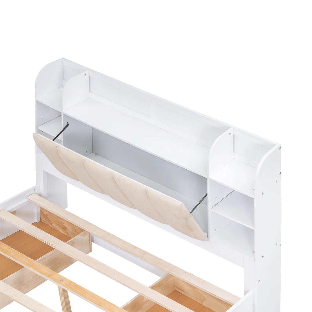 White Wood Queen Size Platform Bed with Storage Headboard and Four Drawers K92223