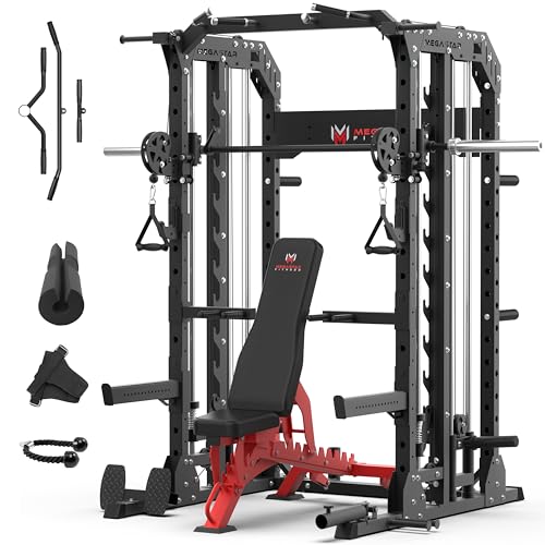 Smith Machine Home Gym with Aluminum Pulley Set - 2000lbs Capacity All-in-One Power Rack with Cable Crossover, Pull-Up Bar & Dip Station, Includes 18 Attachments T35064