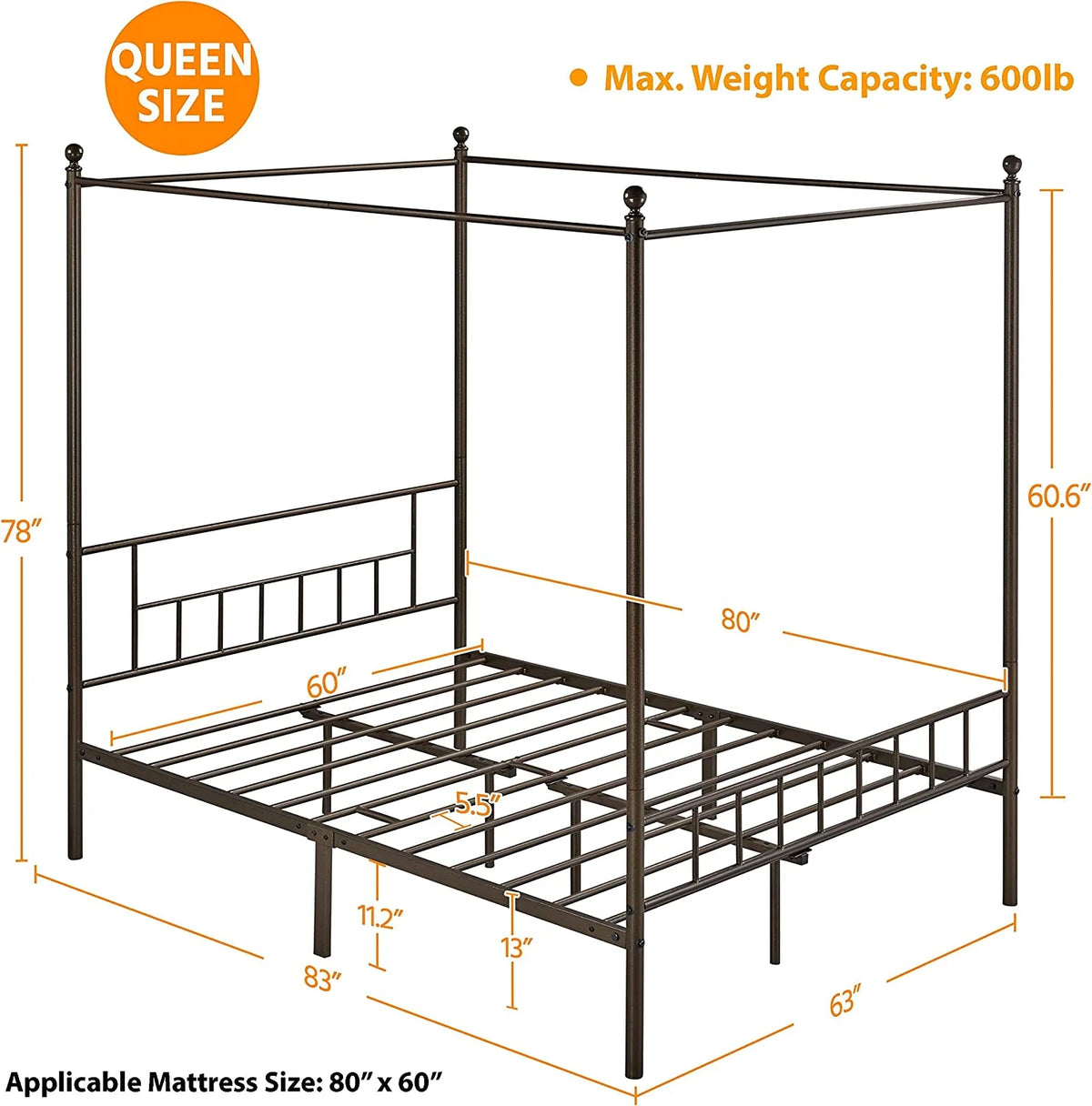 Queen Bronze Metal Canopy Bed Frame R335