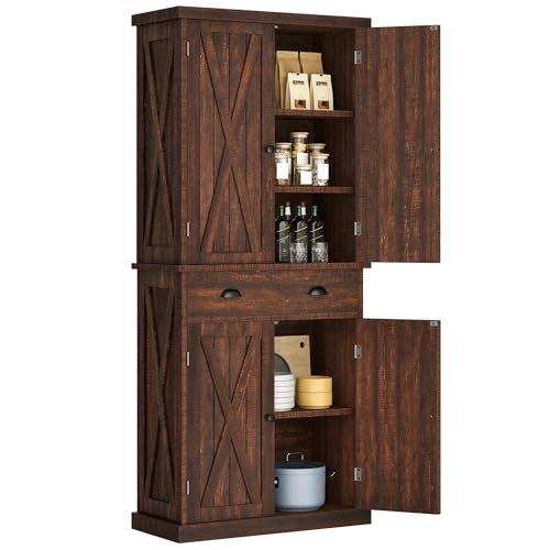 72'' Tall Kitchen Pantry Cabinets with Barn Doors, Drawer & Adjustable Shelves, Dark Rustic Wood Cupboard C962534