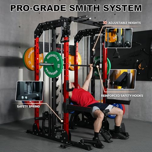 Smith Machine Home Gym with Aluminum Pulley Set - 2000lbs Capacity All-in-One Power Rack with Cable Crossover, Pull-Up Bar & Dip Station, Includes 18 Attachments T35064