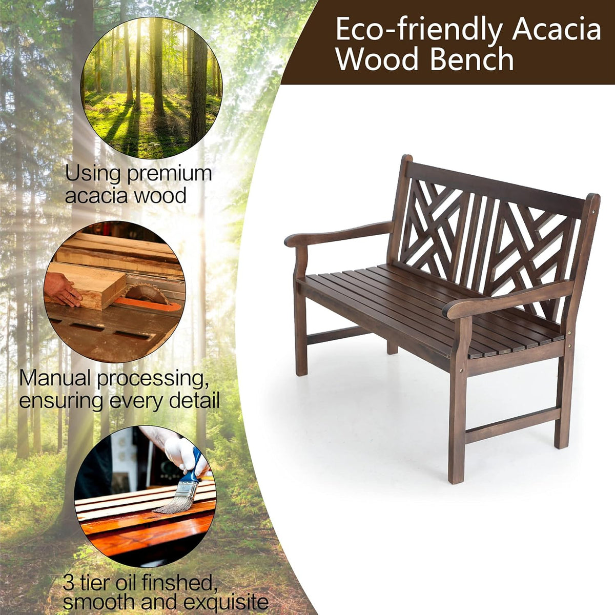 4 Ft Acacia Wood Bench with Curved Backrest and Armrest I212945