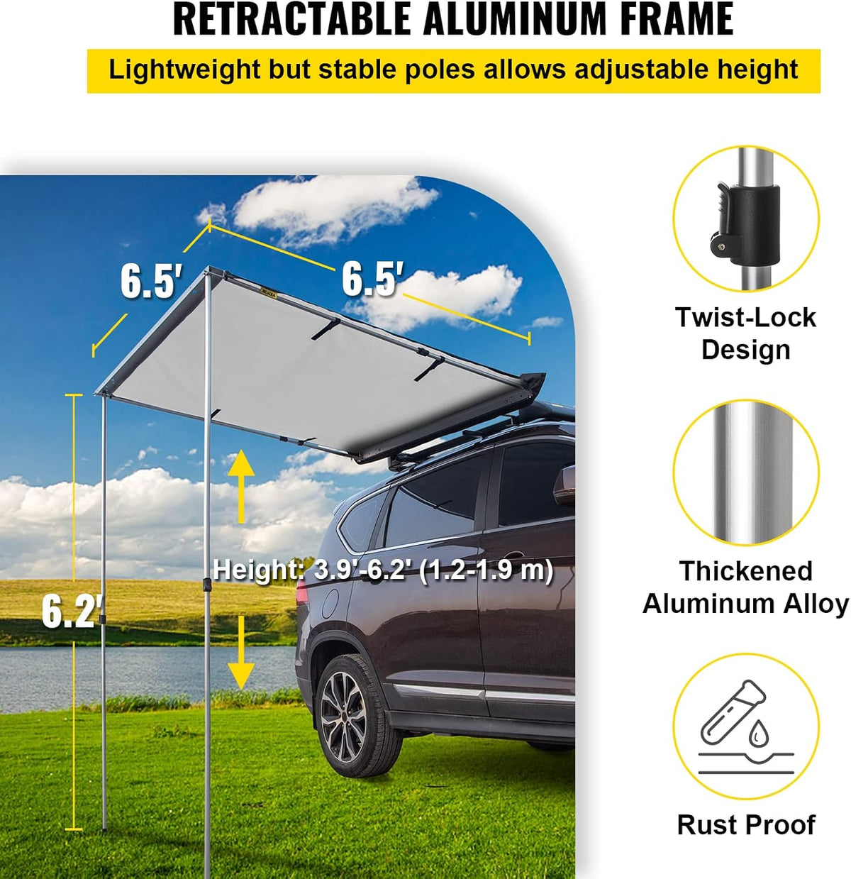 6.5'x6.5' Waterproof UV50+ Retractable Car Side Awning with Carry Bag X997867