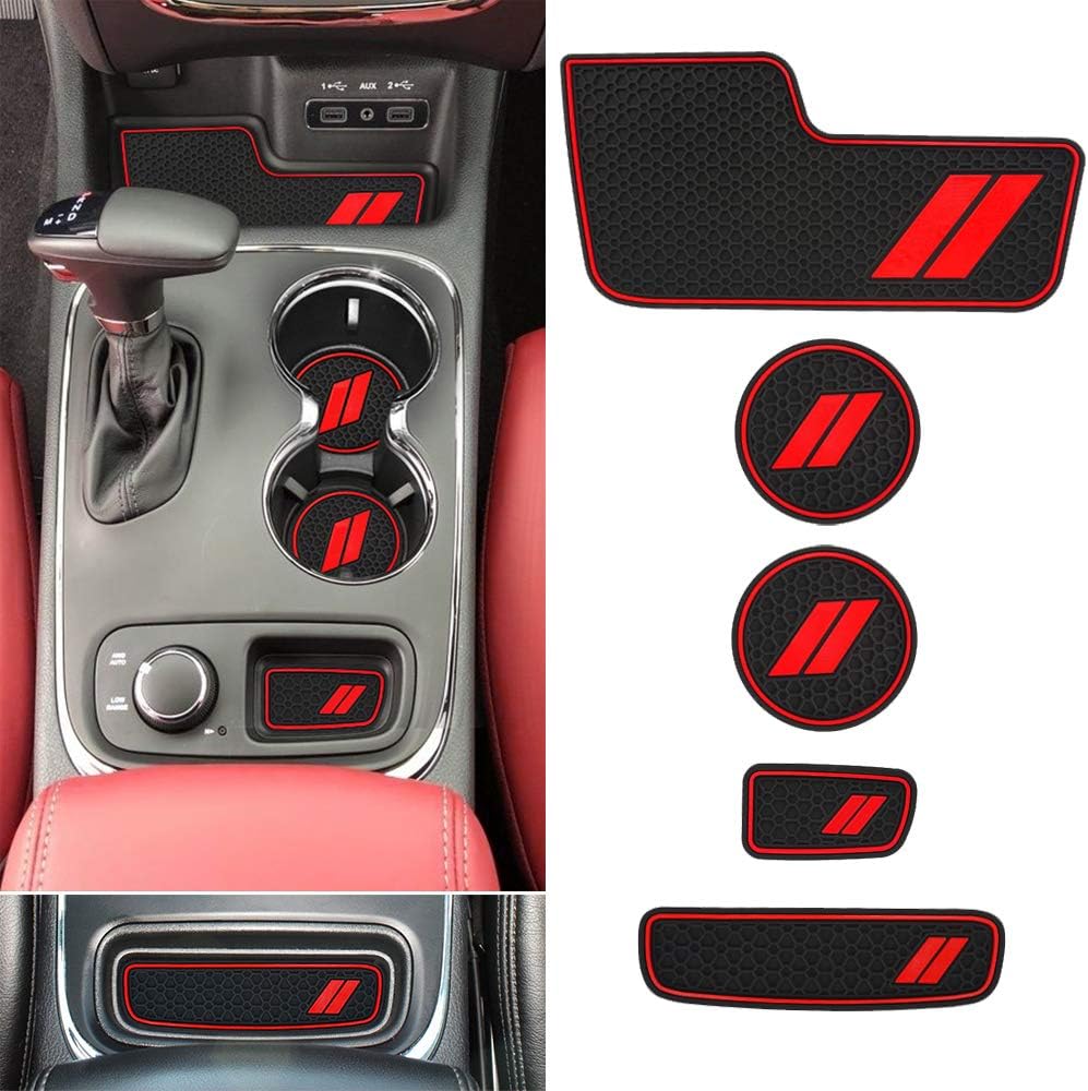 Center Console Mats Cup Holder Liners 5pcs Set Red Trim V893437