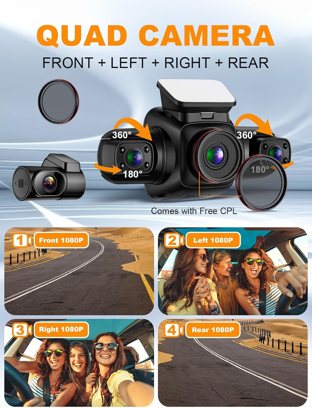 360 Degree View 4 Channel Dash Cam with CPL, Built-in GPS WiFi Night Vision, 128G Card G162890