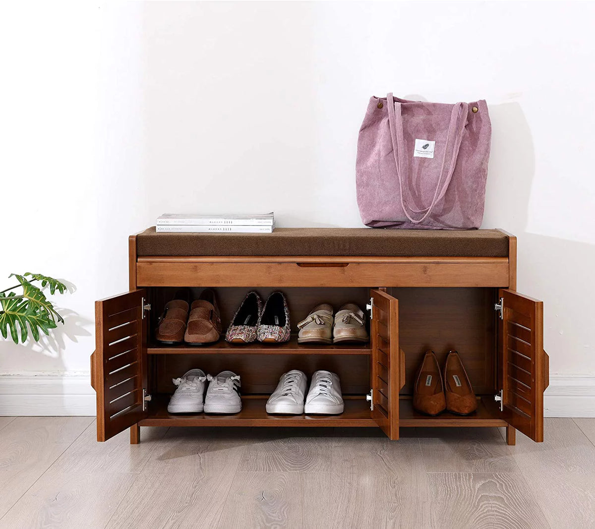Shoe Storage Rack Bench with Detachable Cushion and Hidden Storage Compartment V60562