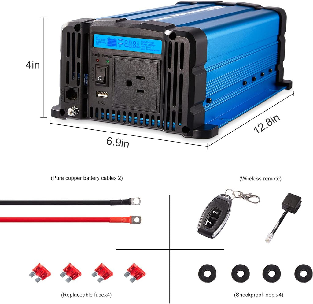 1000 watt Pure Sine Wave Power Inverter 12V to 110V DC to AC with Remote Controller G841