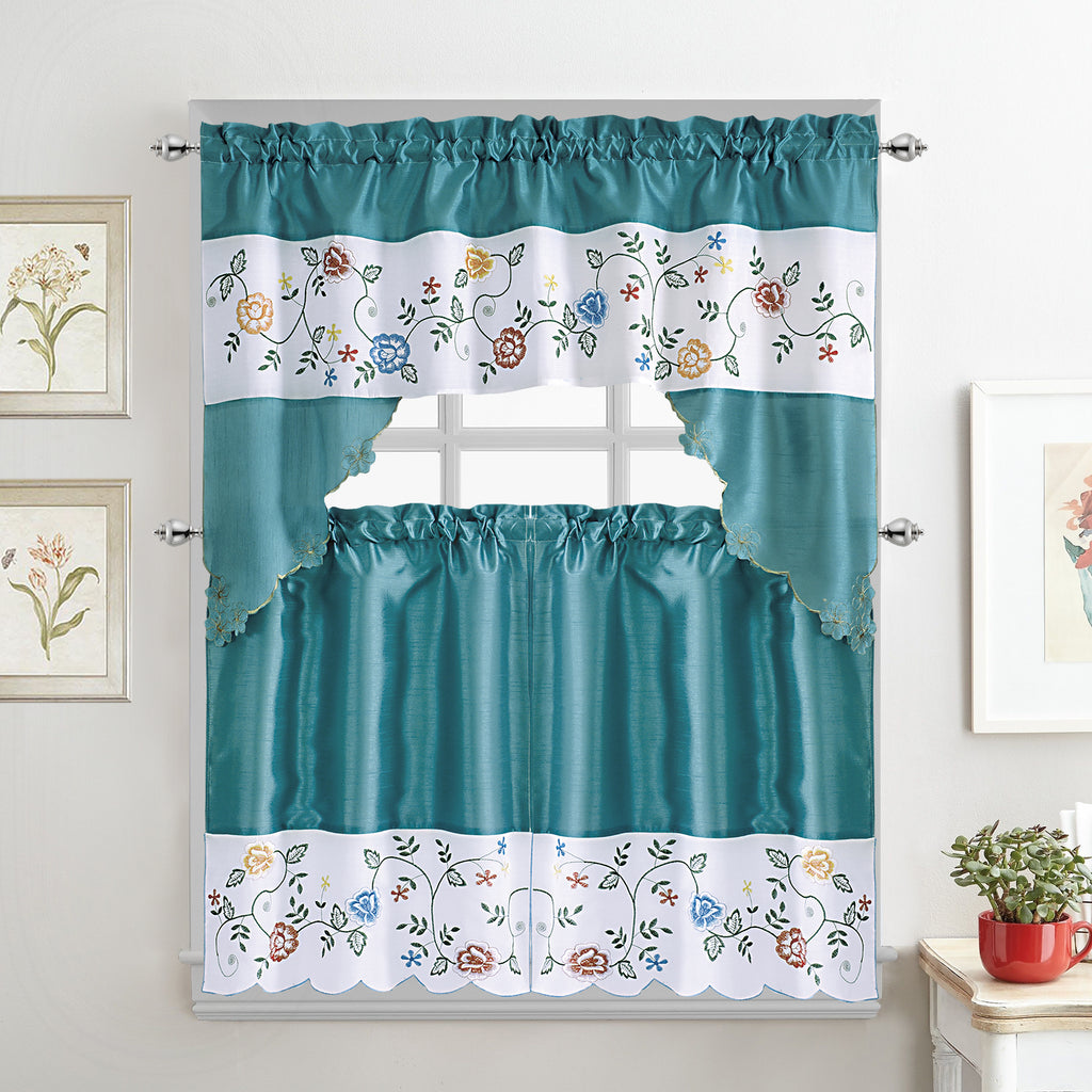 Turquoise 3-Piece Kitchen Curtain Set, 58x36 & 28x36 inches D1381