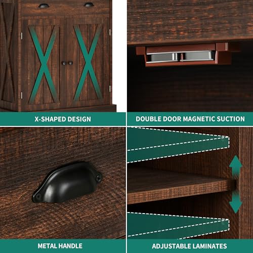72'' Tall Kitchen Pantry Cabinets with Barn Doors, Drawer & Adjustable Shelves, Dark Rustic Wood Cupboard C962534