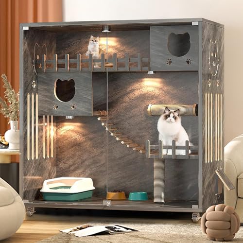 Grey Wooden Cat Condo with Scratching Post, 50" X 48" X 24" W840642