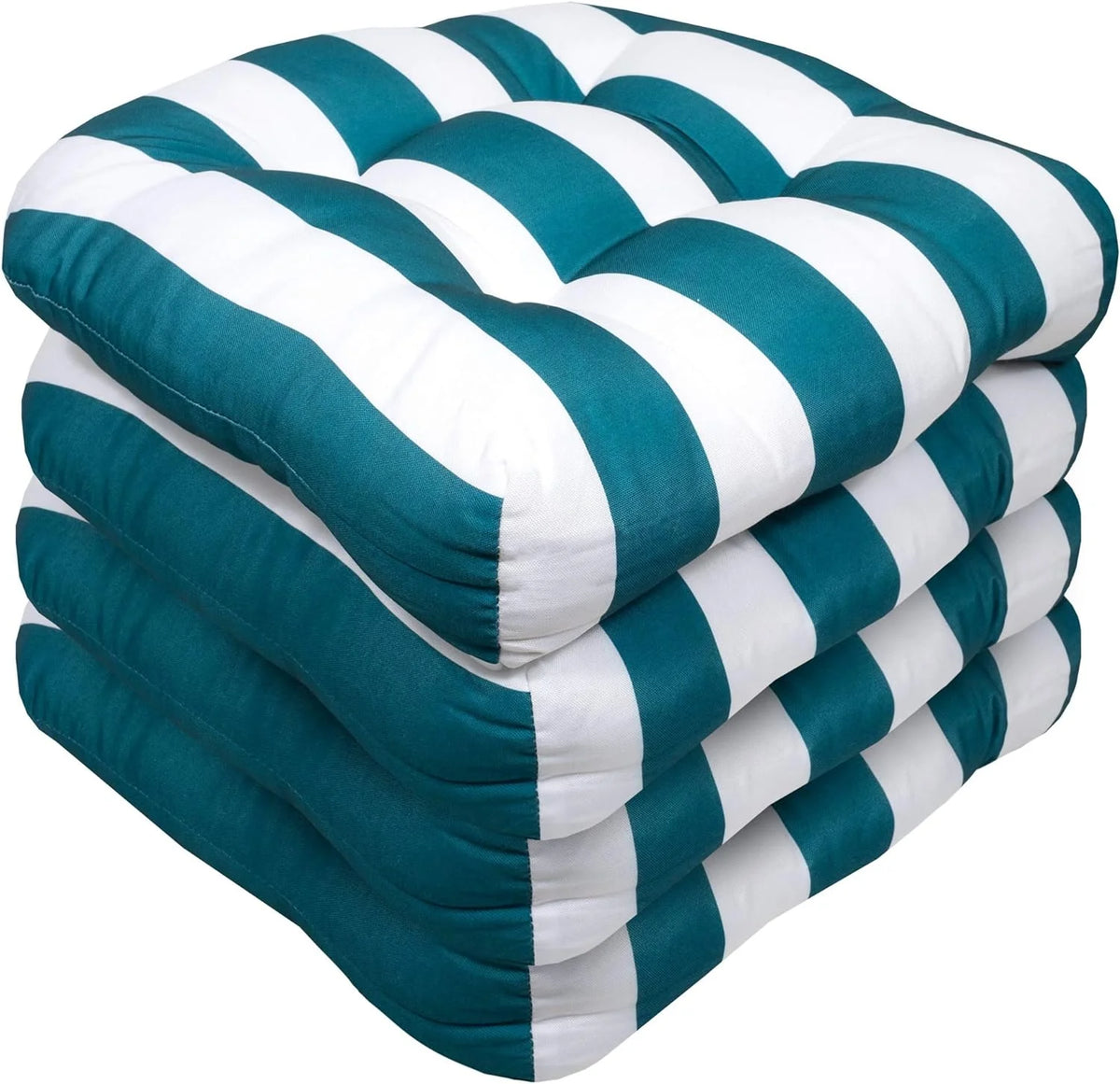 Green and White Striped Square Outdoor Chair Cushions 4 Pack D398