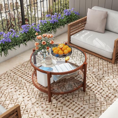 Rattan Round Glass Coffee Table with Storage Shelf G8817