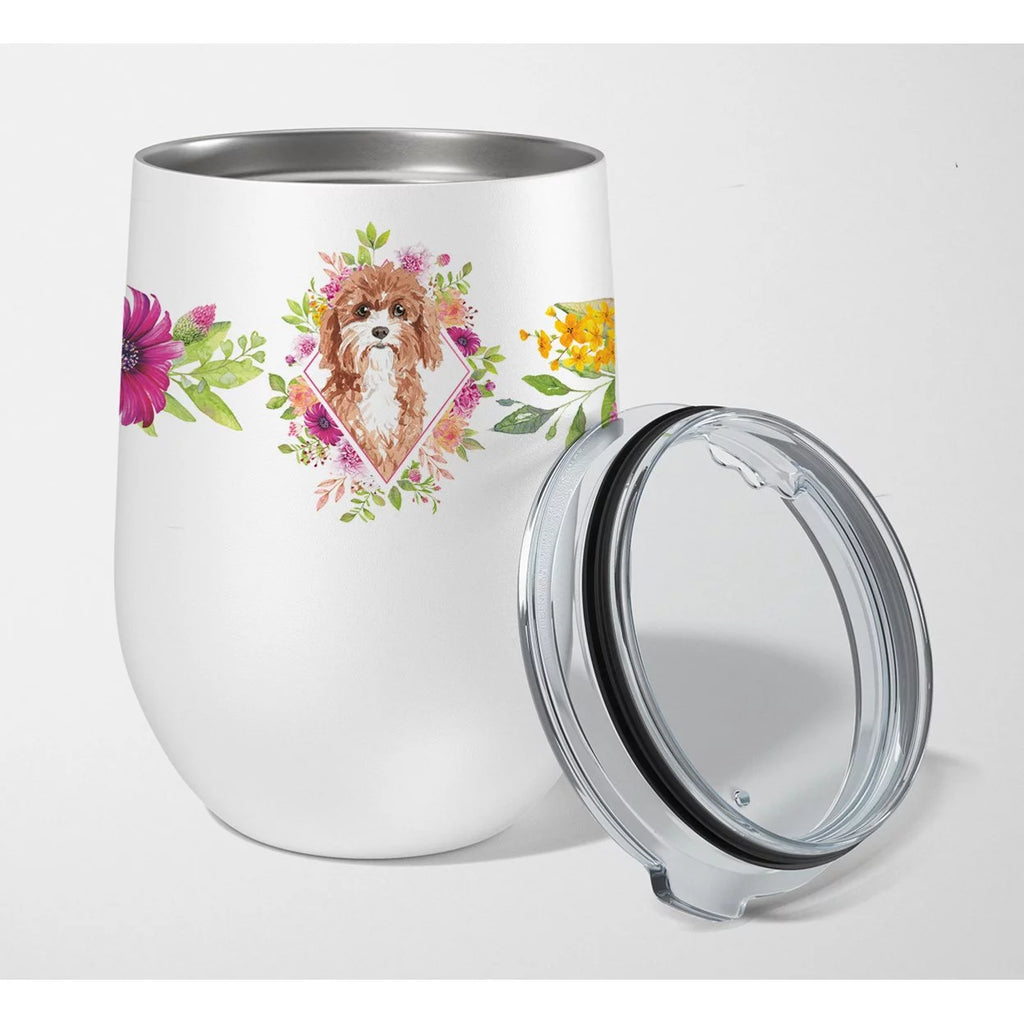 Cavapoo Pink Flowers Stainless Steel 12 oz Stemless Wine Glass D21612