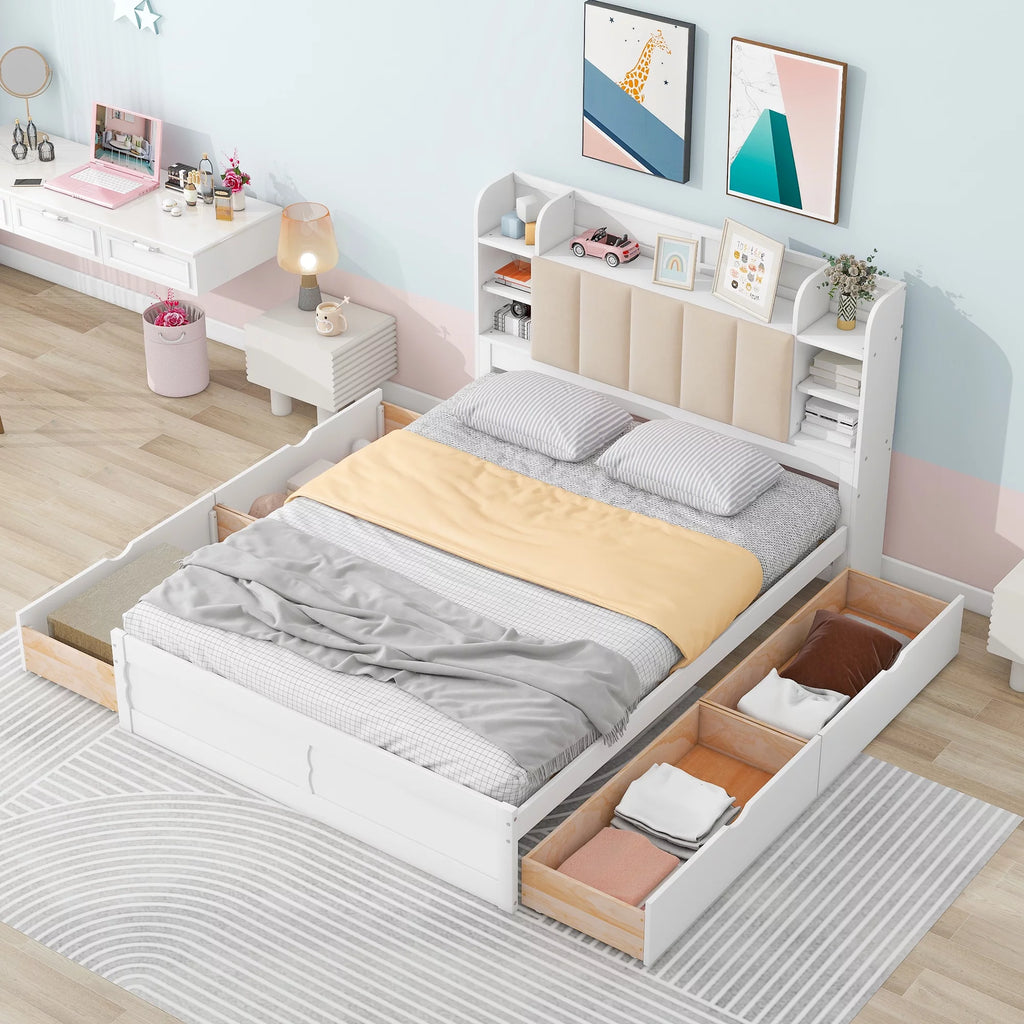 White Wood Queen Size Platform Bed with Storage Headboard and Four Drawers K92223
