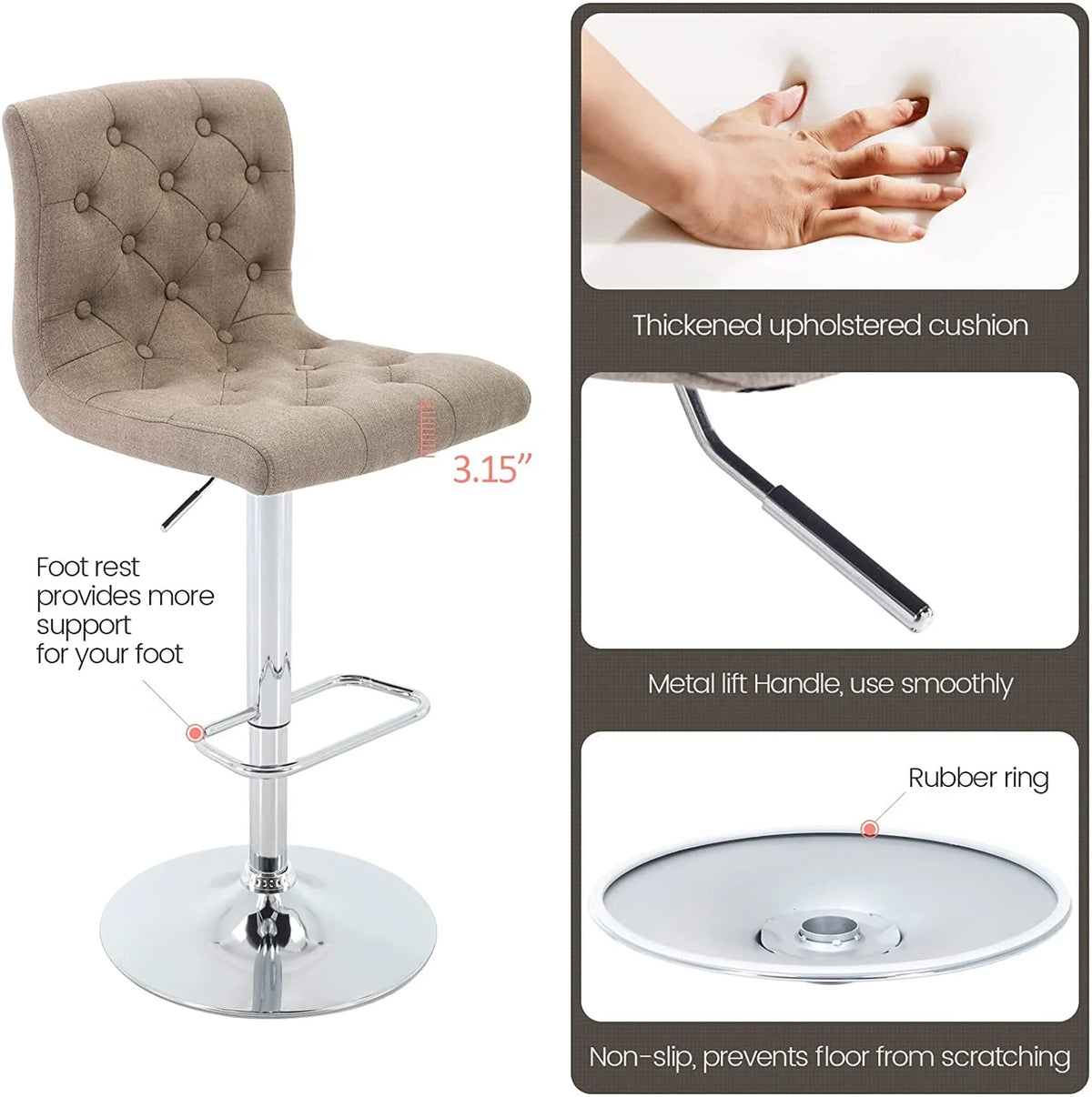 Tufted Swivel Bar Stool with Back, Fabric Upholstered Armless Bar Chair B67475