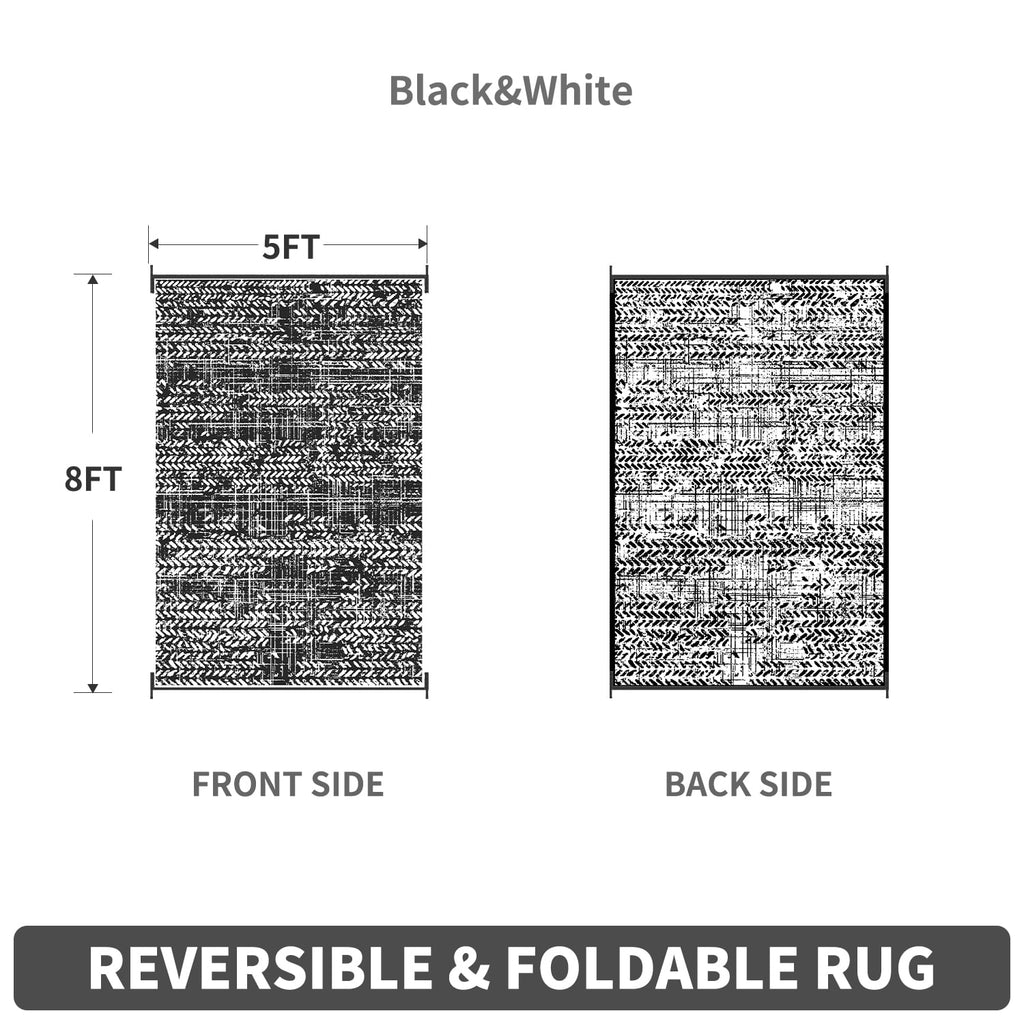 Black and White Waterproof Plastic Straw Reversible Outdoor Rug 5x8 K11802
