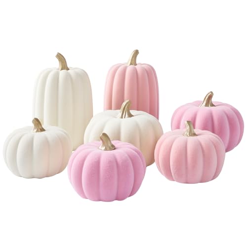 Pink and Beige Flocked Artificial Pumpkins Set 7 PCS N349