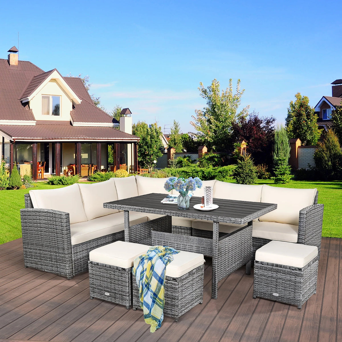 7 Pcs Patio Rattan Dining Set Sectional Sofa Couch Ottoman Black P250