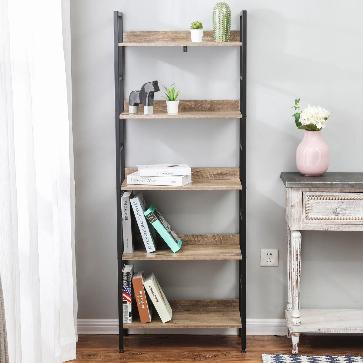 Brown Wood Metal Frame 5-Shelf Bookcase P93135