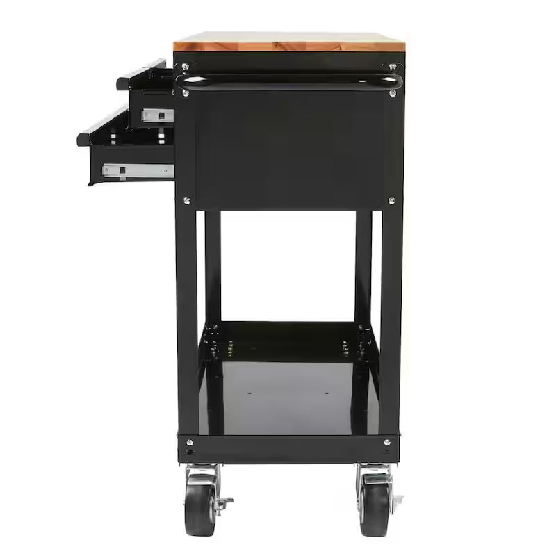 3-Drawer Gloss Black Rolling Tool Cart with Hardwood Top L610810