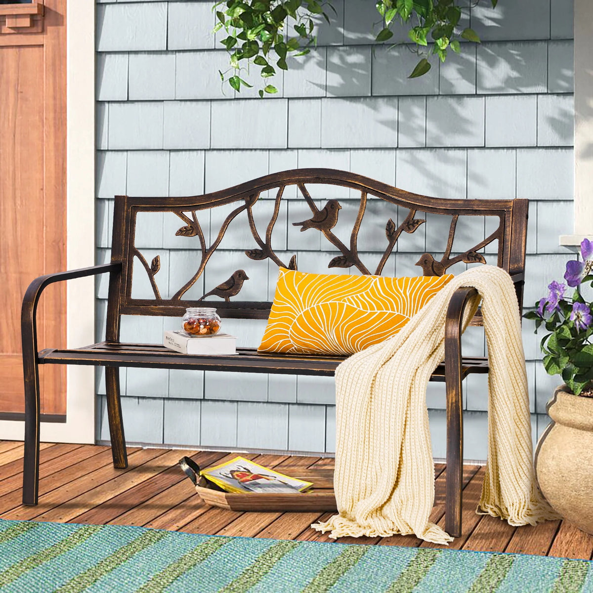 Red Metal Patio Garden Bench S53730