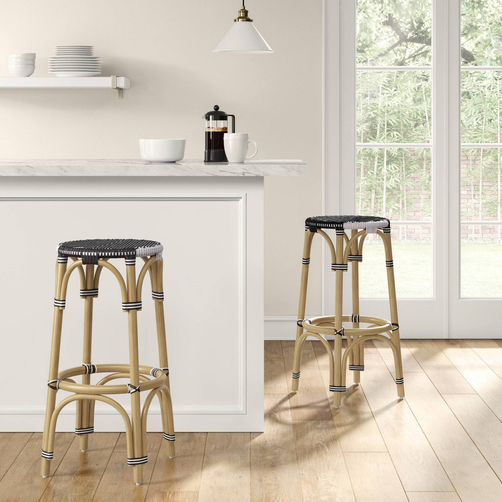 Rattan Backless Woven Barstool Black/White I4058