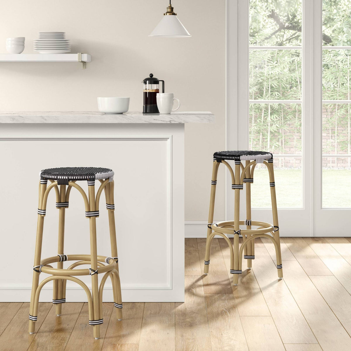 Rattan Backless Woven Barstool Black/White I4058
