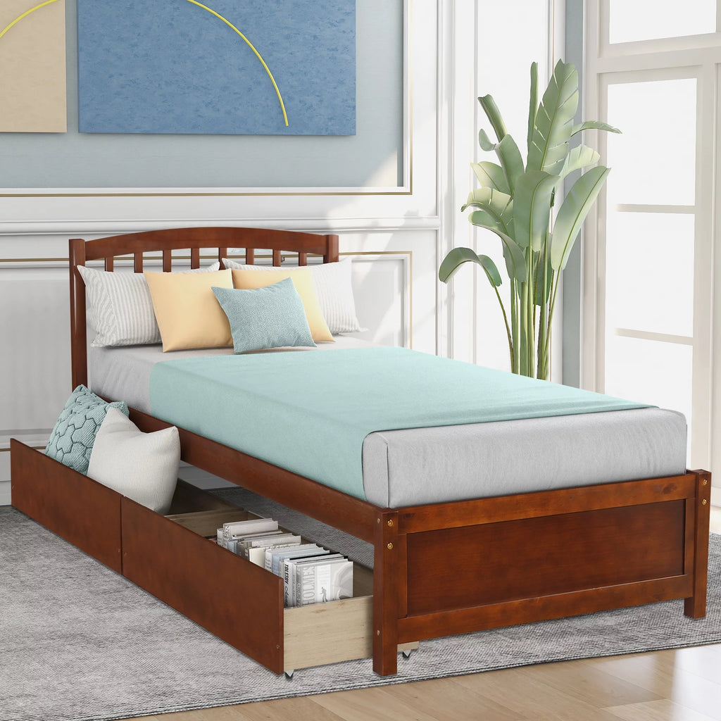 White Wood Twin Size Platform Bed with 2 Drawers Y2010