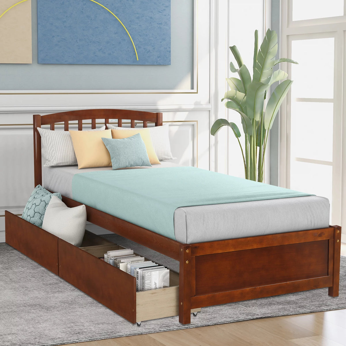 White Wood Twin Size Platform Bed with 2 Drawers Y2010