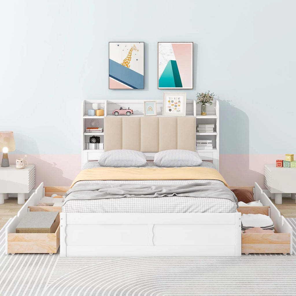 White Wood Queen Size Platform Bed with Storage Headboard and Four Drawers K92223