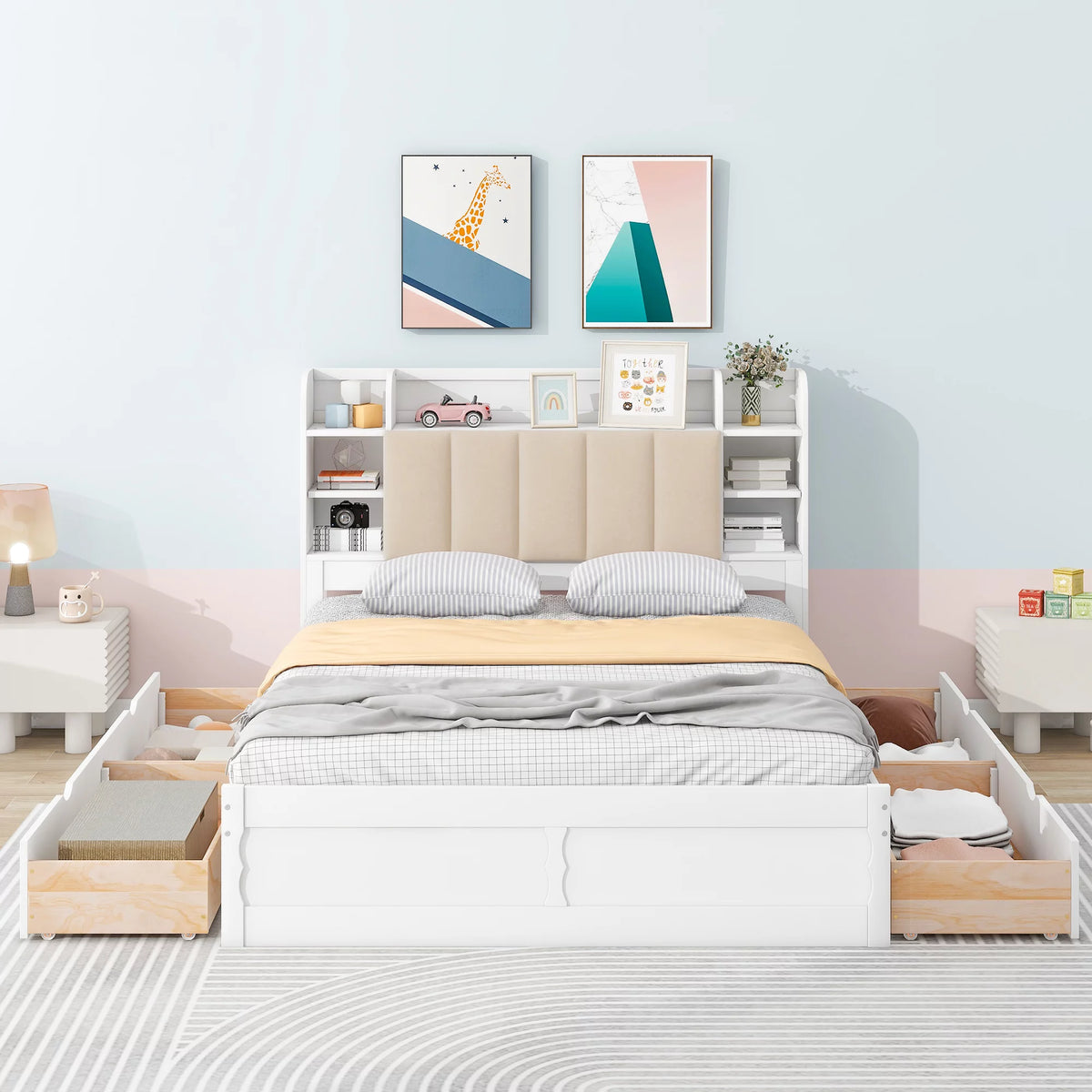 White Wood Queen Size Platform Bed with Storage Headboard and Four Drawers K92223