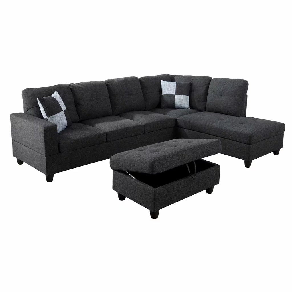 Black Grey 3PC Linen Sectional Sofa Set H329484