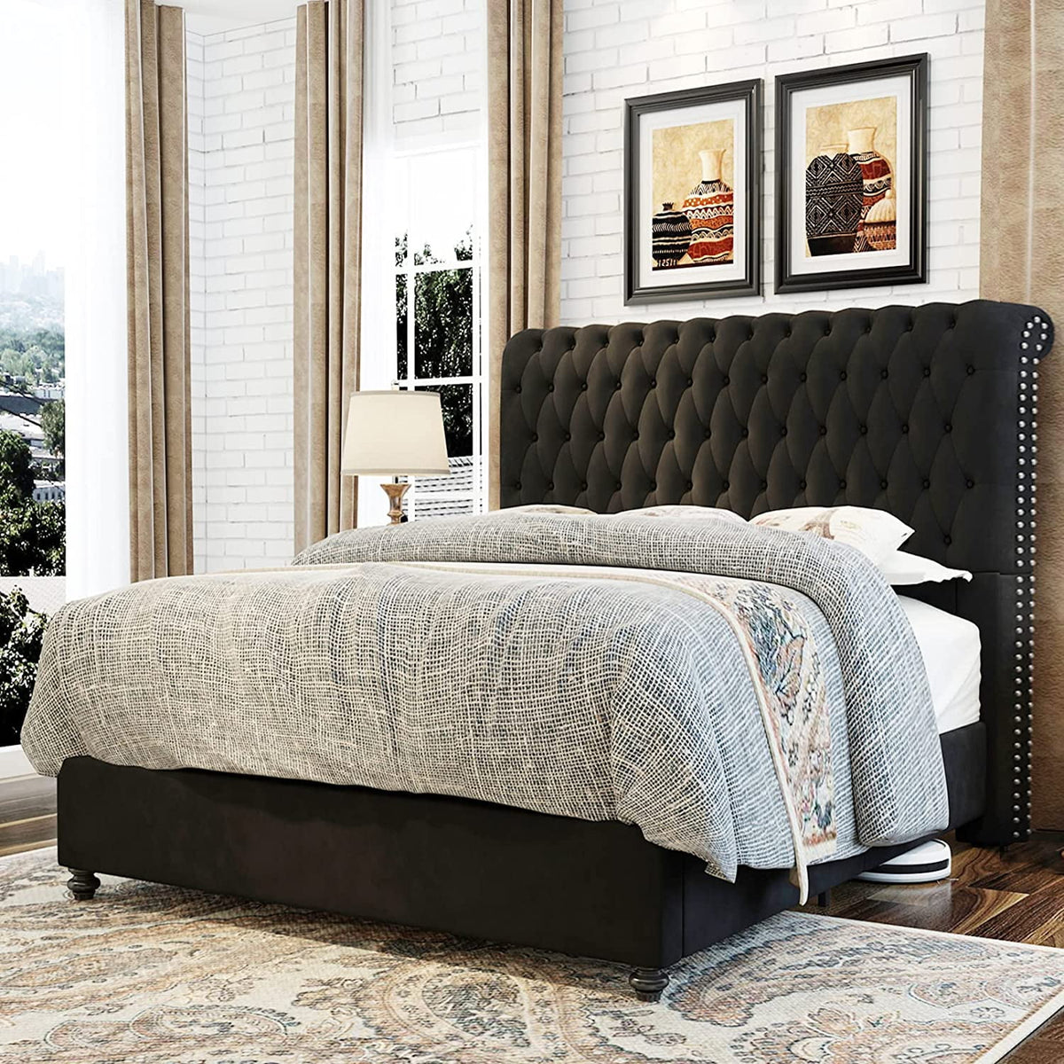 King Size Velvet Upholstered Platform Bed Frame N5824