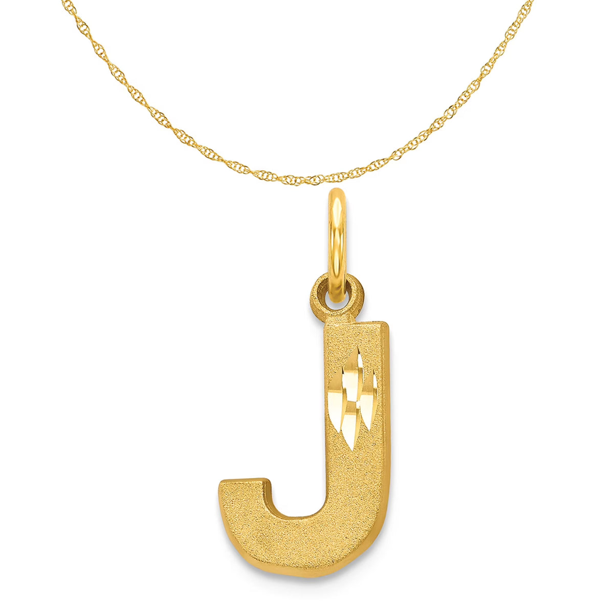 14K Yellow Gold Diamond-Cut Letter J Initial Pendant Charm with Rope Chain Necklace 20'' C2574