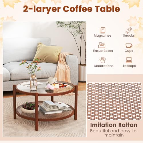 Rattan Round Glass Coffee Table with Storage Shelf G8817