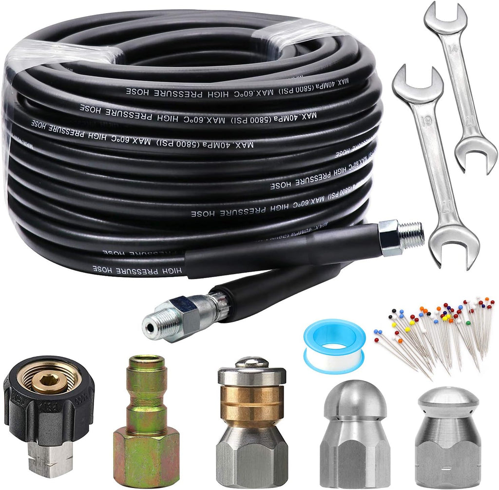 Sewer Jetter Kit 50FT, 5800PSI Drain Cleaner Hose 1/4 Inch NPT, Sewer Jetting Nozzle with Spanner Waterproof Tape P523660