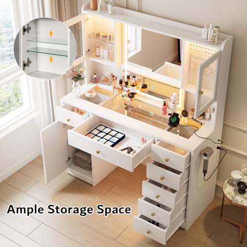 White Vanity Desk with Mirror and Lights, 7 Drawers, 3 Cabinets G515